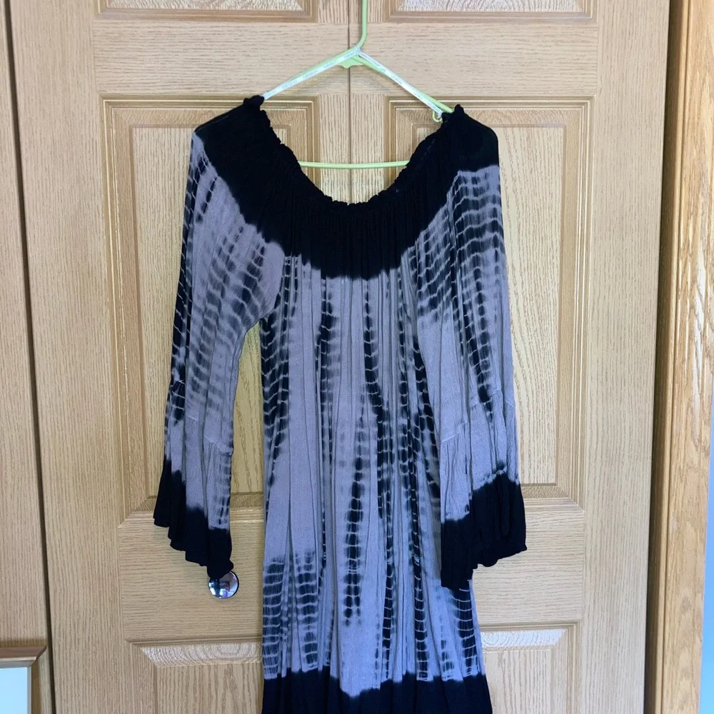 Black and Gray Tie-Dye Off-Shoulder Dress - Picture 1 of 5